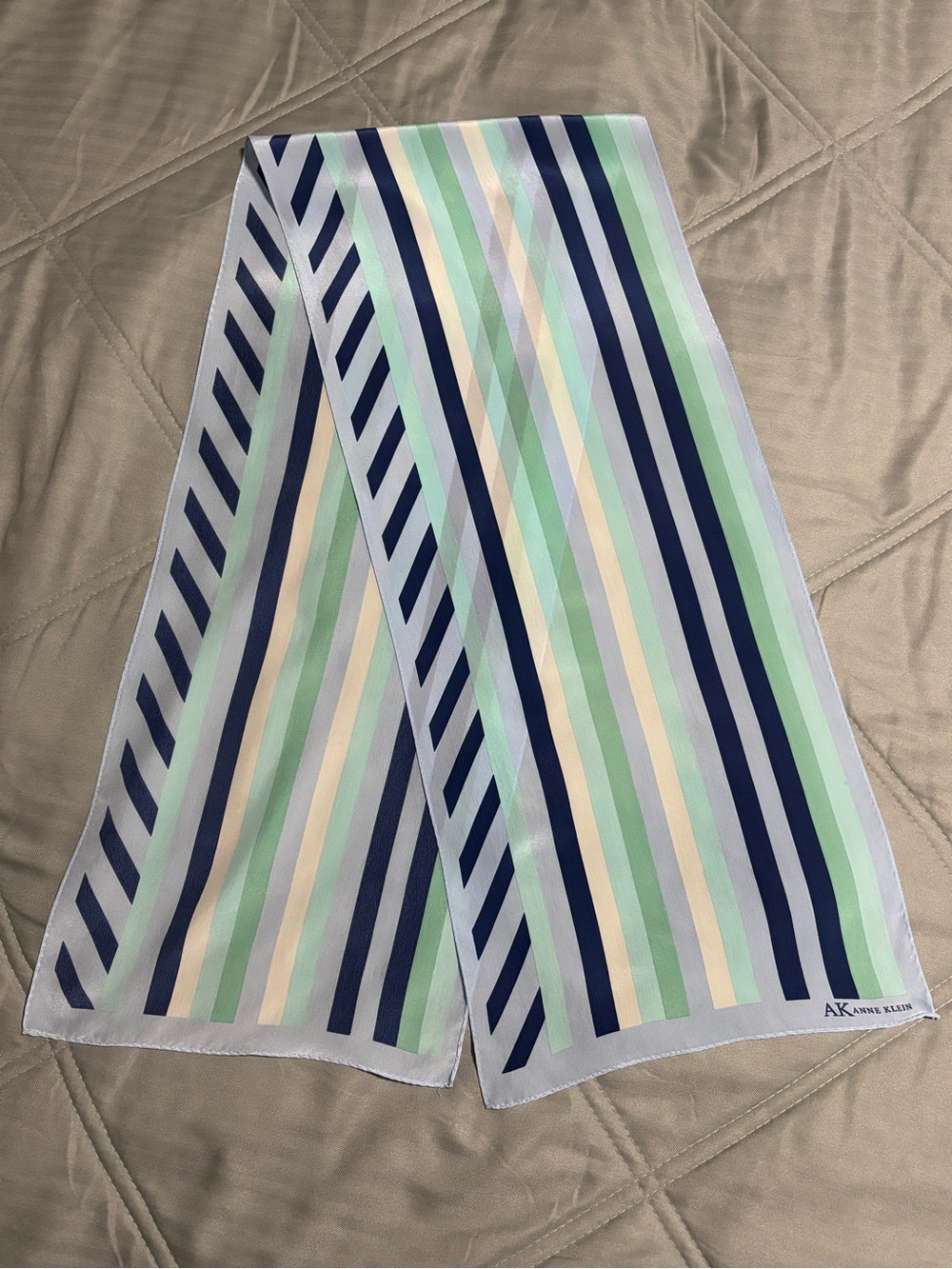 Anne Klein Long Oblong Striped Silky Scarf Navy Mint Blue Geometric Pattern